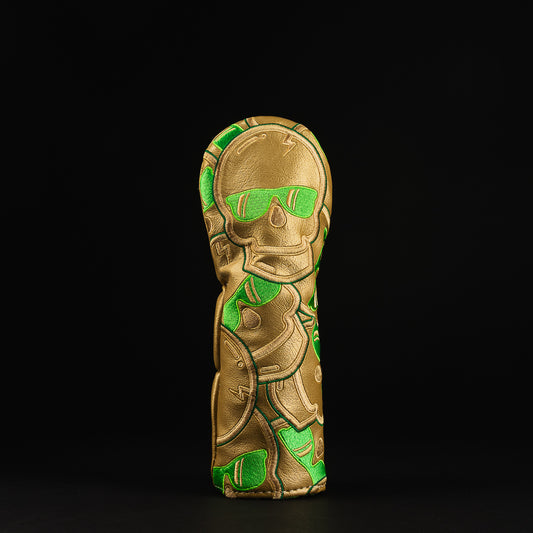 Swag stacked skulls gold and green hybrid golf headcover made in the USA.