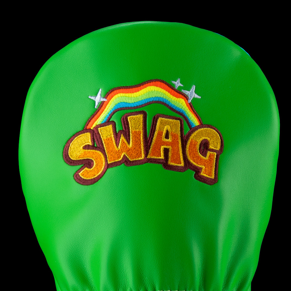 Close up view of the Follow the Rainbow Drive Cover with SWAG branding and rainbow detailing.