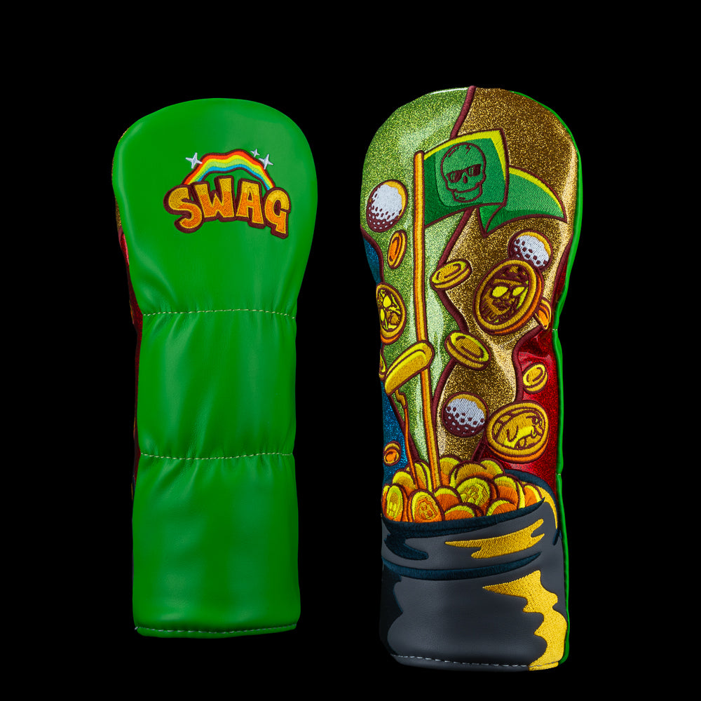 SWAG Golf Follow The Rainbow fairway cover with pot of gold, flying coins, and skulls on a green background.
