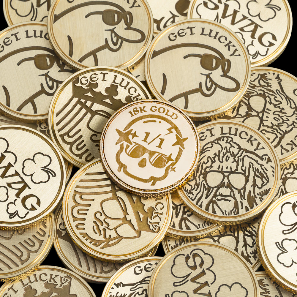 SWAG Golf Get Lucky Coin ball marker featuring skull with sunglasses surrounded by lucky icons and St. Patrick’s Day theme.