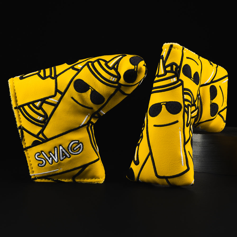 Stacked mustard yellow mustard bottle themed blade putter golf head cover made in the USA.