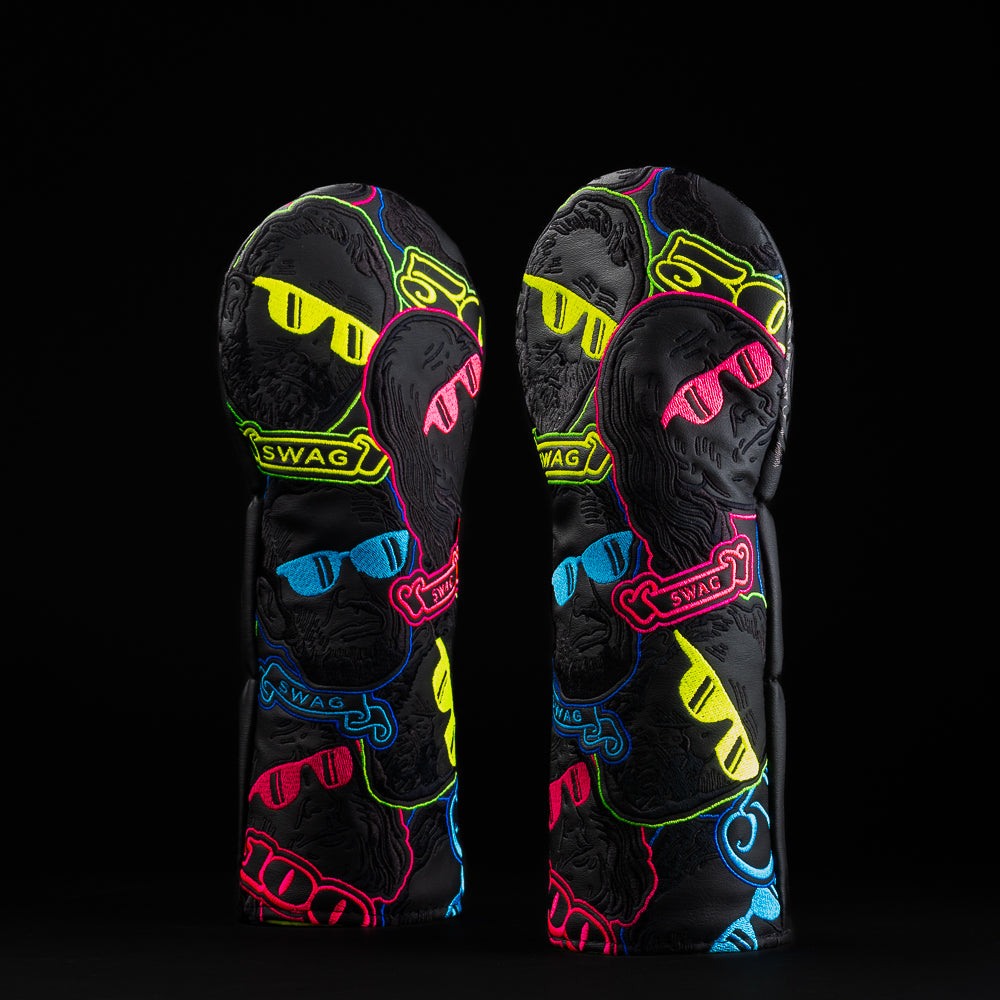 Stacked Dollar Bill Heads black, pink, yellow, red, and blue fairway wood golf headcover made in the USA.