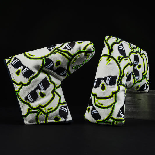White, green and yellow stacked skulls 2.0 blade putter golf head cover made in the USA.