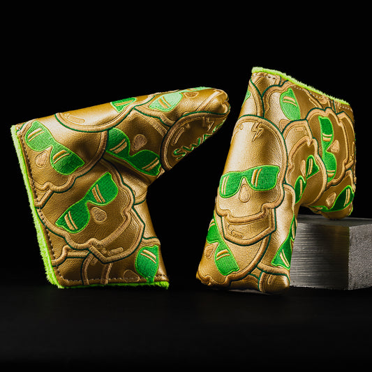 Swag stacked skulls gold and green blade putter golf headcover made in the USA.