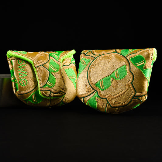 Swag stacked skulls gold and green mallet putter golf headcover made in the USA.