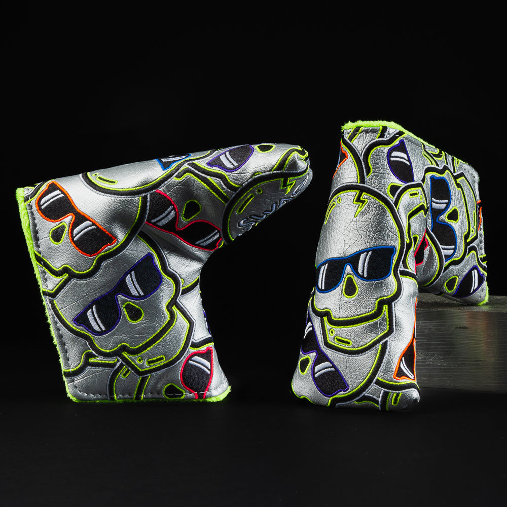 Shell shock stacked skulls 2.0 gray, green, orange, purple, red and blue blade putter golf head cover made in the USA.