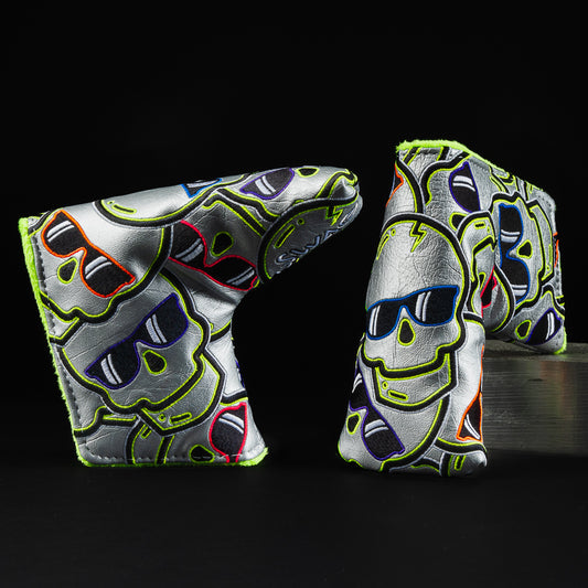 Shell shock stacked skulls 2.0 gray, green, orange, purple, red and blue blade putter golf head cover made in the USA.