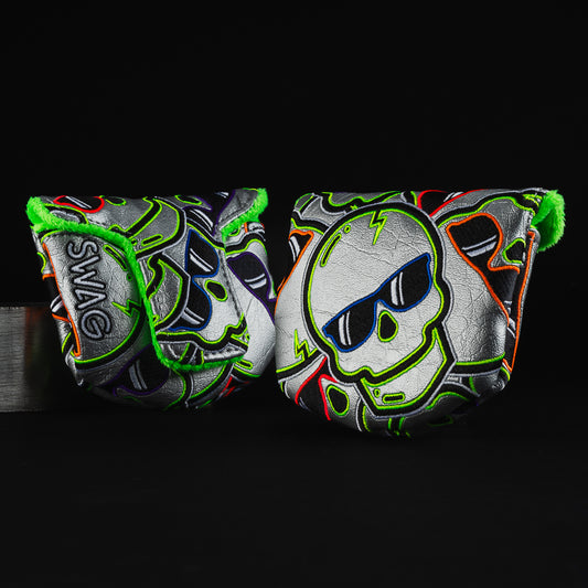 Shell shock stacked skulls 2.0 gray, green, orange, purple, red and blue mid-mallet putter golf head cover made in the USA.