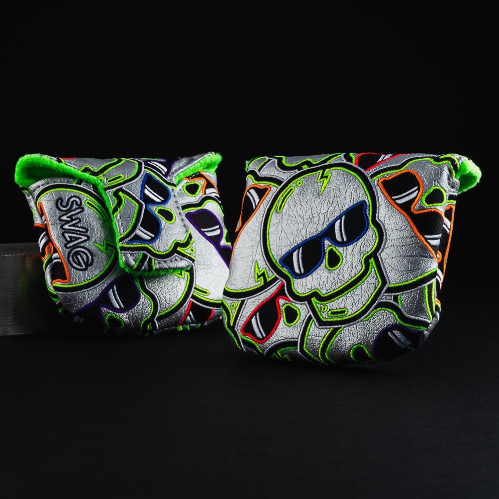 Shell shock stacked skulls 2.0 gray, green, orange, purple, red and blue mallet putter golf head cover made in the USA.