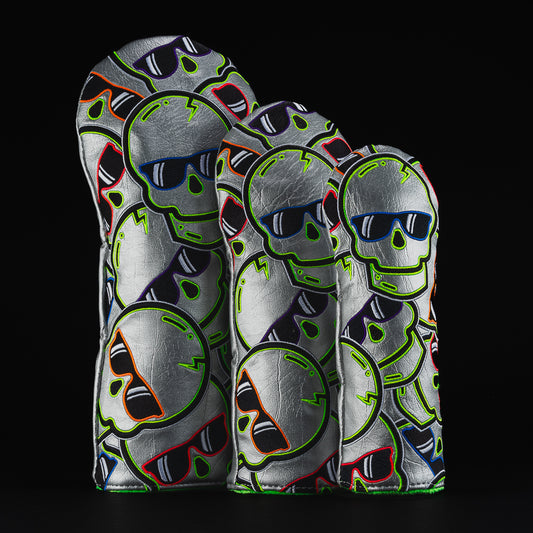 Shell shock stacked skulls 2.0 gray, green, orange, purple, red and blue golf woods cover set of driver, fairway and hybrid.
