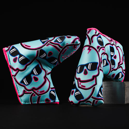 Flipper stacked skulls blue and pink blade putter golf headcover made in the USA.