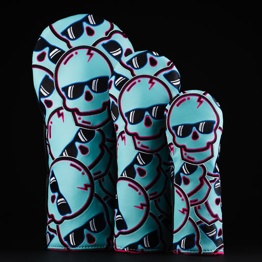 Flipper Stacked Skulls 2.0 in light blue with blue and swagenta woods set golf club headcovers made in the USA.