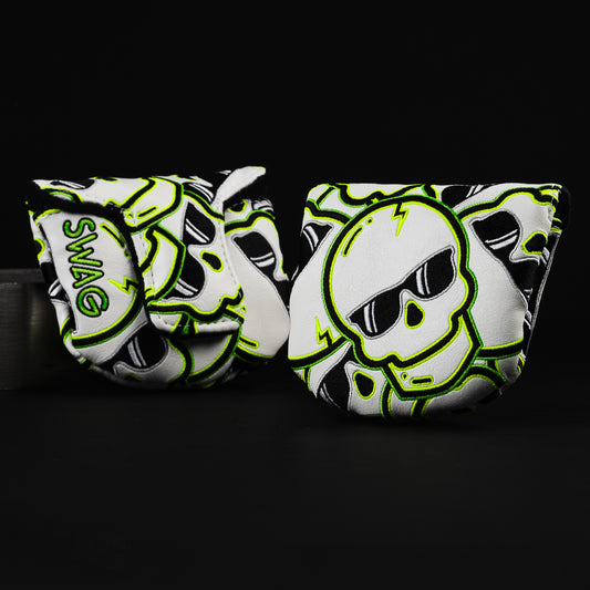 White, green and yellow stacked skulls 2.0 mid mallet putter golf head cover made in the USA.