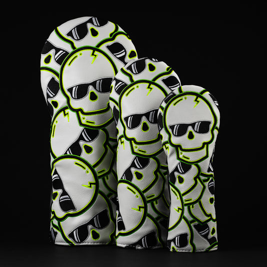 White, green and yellow stacked skulls 2.0 golf woods cover set of driver, fairway and hybrid. Made in the USA.
