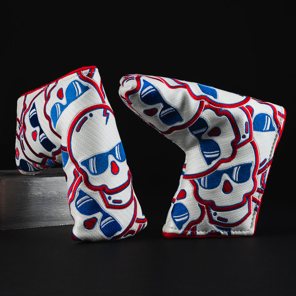 USA stacked skulls red, white and blue blade putter golf head cover made in the USA.