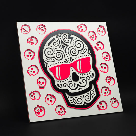 Swag x Andre Kaut multi-layer 19x19 wood panel artwork featuring a white, black, and pink sugar skull.