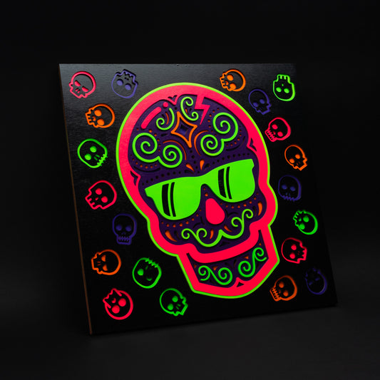 Swag x Andre Kaut multi-layer 19x19 wood panel artwork featuring a black, pink, green, orange and purple sugar skull.