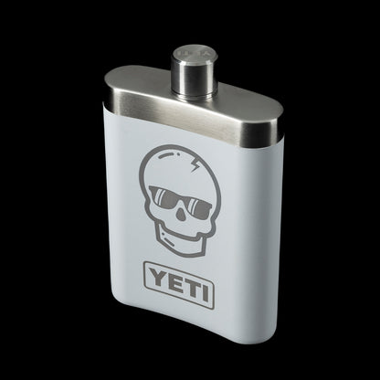 White stainless steel YETI flask with SWAG logo and funnel limited edition accessory.