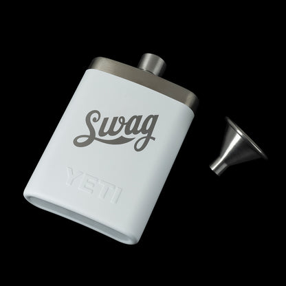 White stainless steel YETI flask with SWAG logo and funnel limited edition accessory.