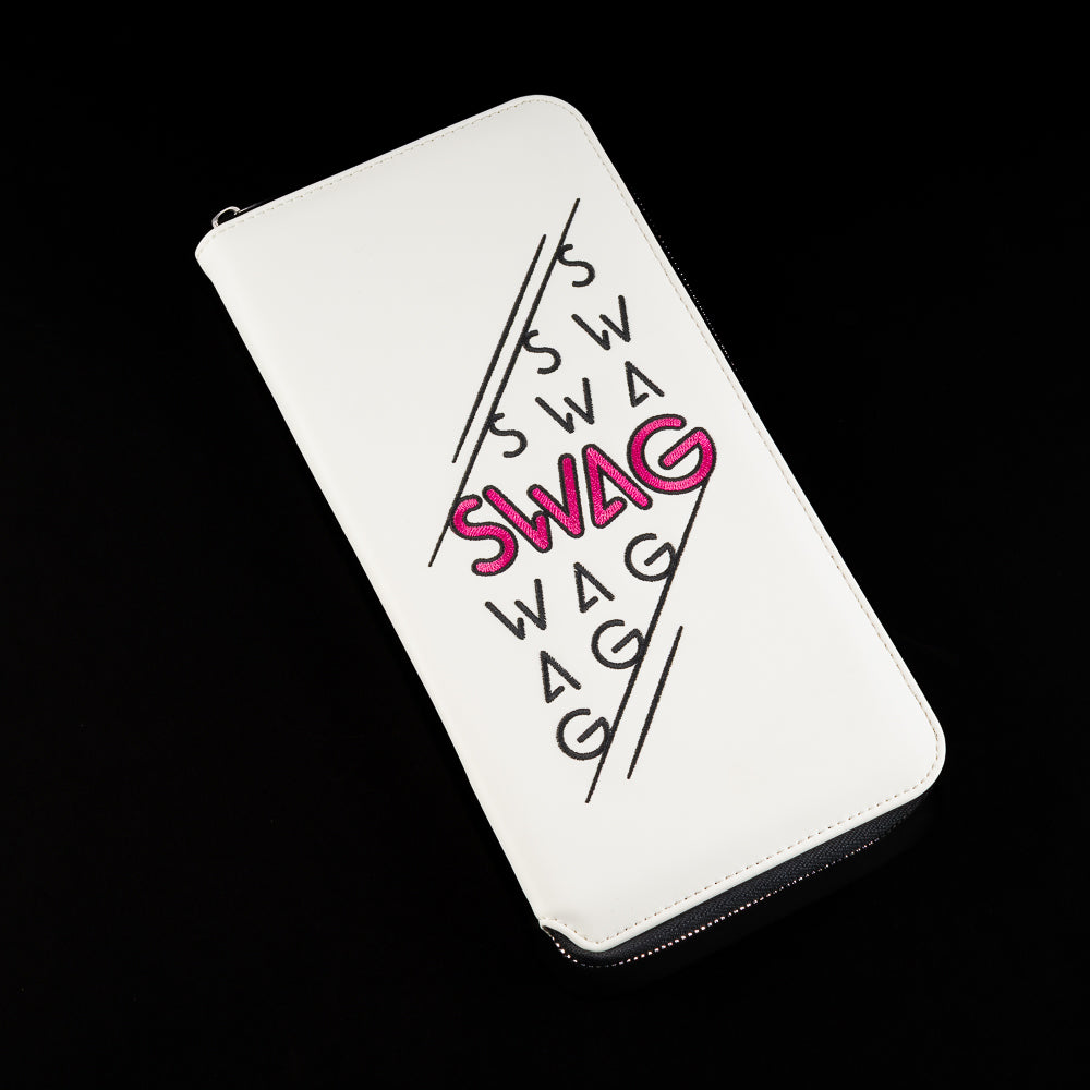 White SWAG Golf glove folio featuring stacked black and neon pink SWAG graphics with premium zip-around vinyl construction.