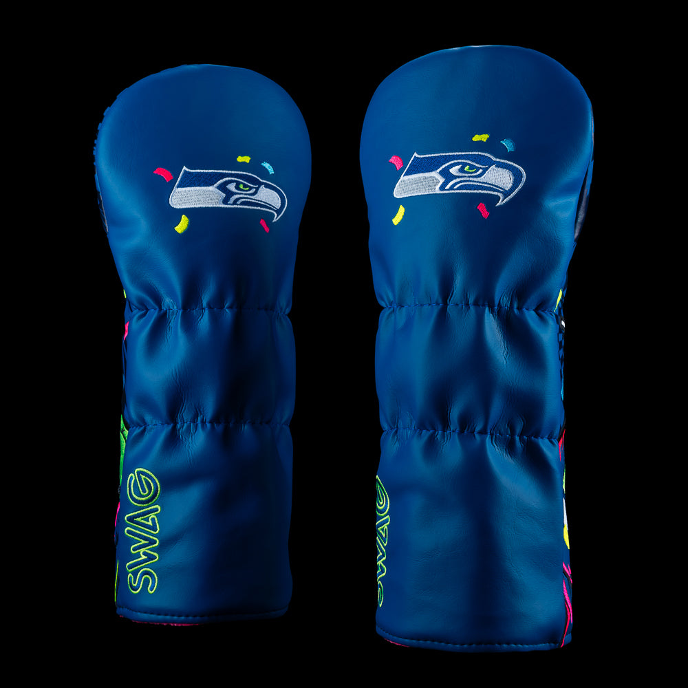 Seattle Seahawks Super Bowl LX Champions driver golf headcover featuring an embroidered player, confetti, and Super Bowl logo on navy material.