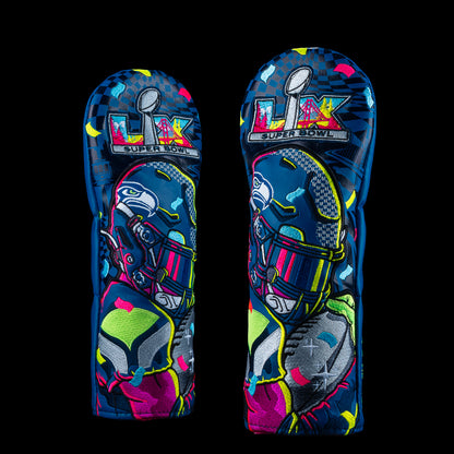 Seattle Seahawks Super Bowl LX Champions official fairway wood golf headcover featuring a team helmet with confetti on navy material.
