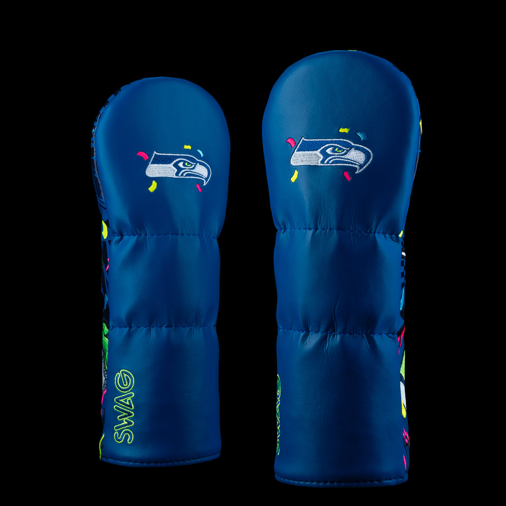 Seattle Seahawks Super Bowl LX Champions official fairway wood golf headcover featuring a team helmet with confetti on navy material.