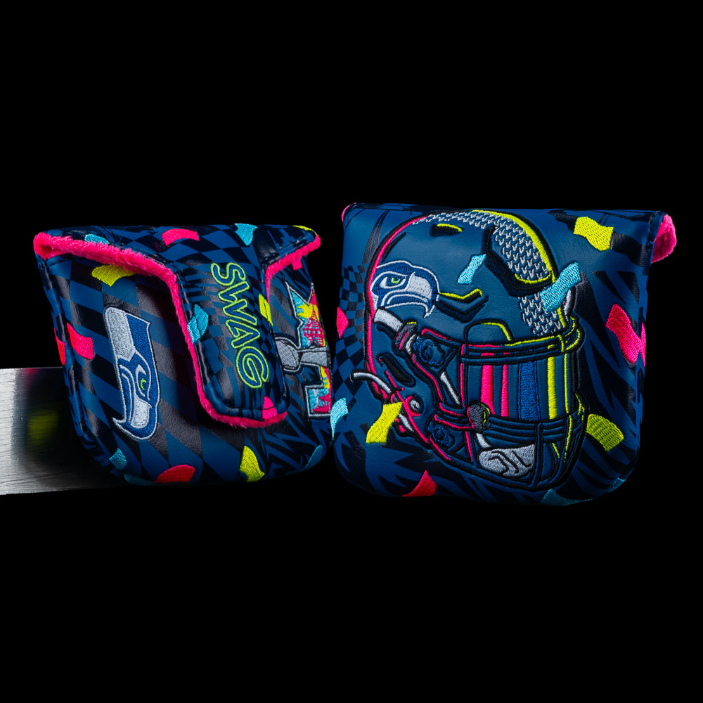 Seattle Seahawks Super Bowl LX Champions official mallet golf headcover featuring a team helmet with confetti on navy material.