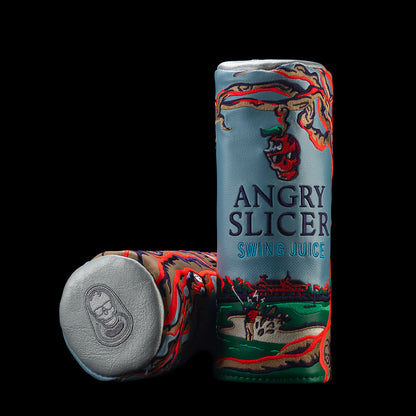 SWAG Golf Angry Slicer barrel fairway cover with blue and gray style artwork, a tree, red branches, and a golf-course scene.