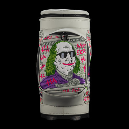 Front view of Defaced Franklin Den Caddy Cooler featuring a green-haired Franklin portrait in black sunglasses.