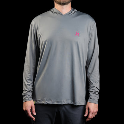 SWAG Golf gray men's long sleeve performance golf hoodie with HA HA HA embroidery over the left chest and signature neon SWAG skull over the right shoulder.