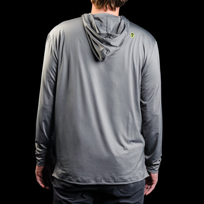 SWAG Golf gray men's long sleeve performance golf hoodie with HA HA HA embroidery over the left chest and signature neon SWAG skull over the right shoulder.