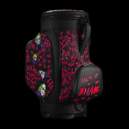 Opposite angled view of Defaced Dollar Bills Den Caddy Cooler with patterned pockets and hot-pink graffiti on black.