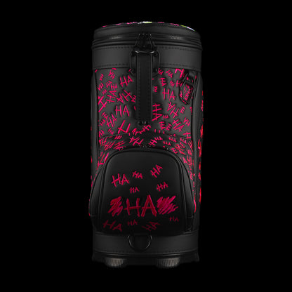 Rear view of Defaced Dollar Bills Den Caddy Cooler with black carry handle, pink graffiti, and SWAG logo pocket.