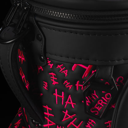 Close-up of Defaced Dollar Bills Den Caddy Cooler showing zipper, black carry strap, and pink graffiti.