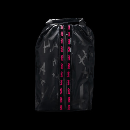 SWAG Golf black Defaced shoe bag with tonal graffiti, a top handle, and pink SWAG lettering along the front zipper.