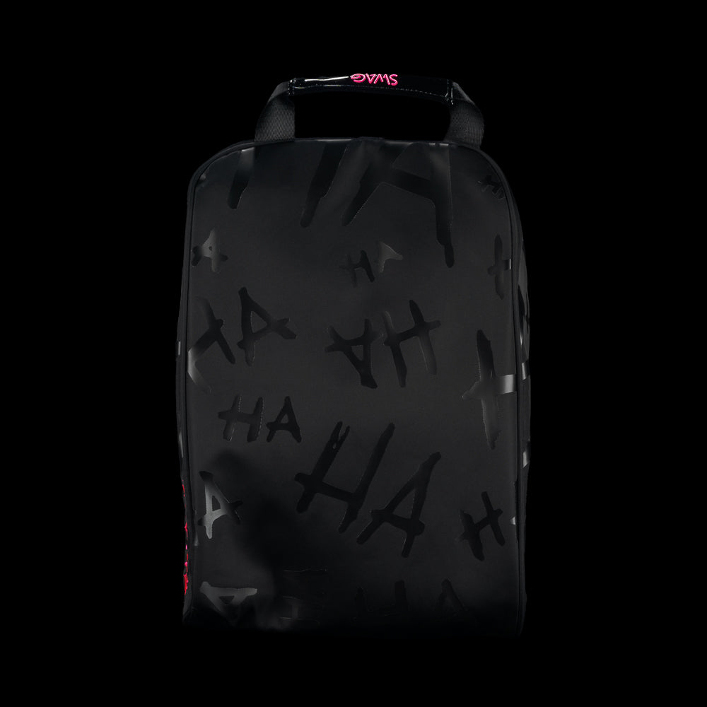 Back view of SWAG Golf black Defaced shoe bag with tonal gray “HA” graffiti and a top handle.