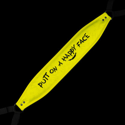 SWAG Golf x Vessel VLS Lux golf stand bag with neon yellow material and embroidered Defaced Franklin design on pink dollar bill themed panels. 