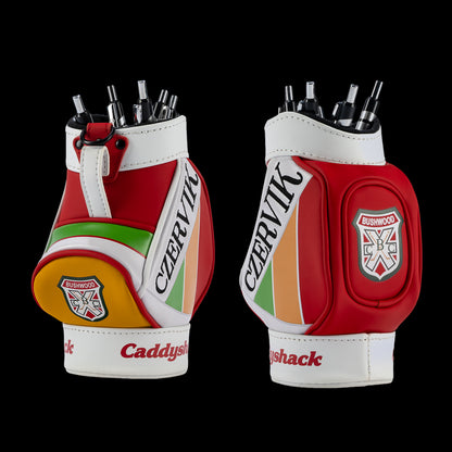 Rewind Golf Caddyshack Czervik Desk Caddy shown from two angles, featuring red and white panels, green and yellow accents, Bushwood crests, and pens in the top.