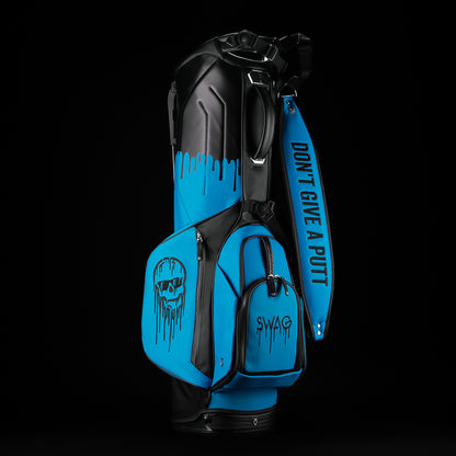 Blue and black SWAg Golf x Vessel golf stand bag with 'Don't Give a Putt' and 'Swag' text on a black background