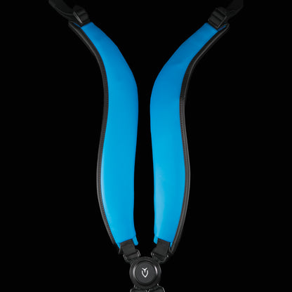 Blue and black SWAg Golf x Vessel golf stand bag with 'Don't Give a Putt' and 'Swag' text on a black background