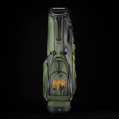 SWAG Golf SWAG Thing green and black Vessel stand golf bag with yellow text on a black background