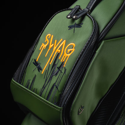 SWAG Golf SWAG Thing green and black Vessel stand golf bag with yellow text on a black background