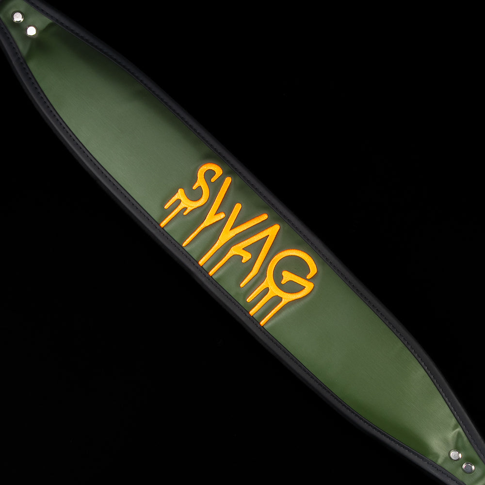 SWAG Golf SWAG Thing green and black Vessel stand golf bag with yellow text on a black background