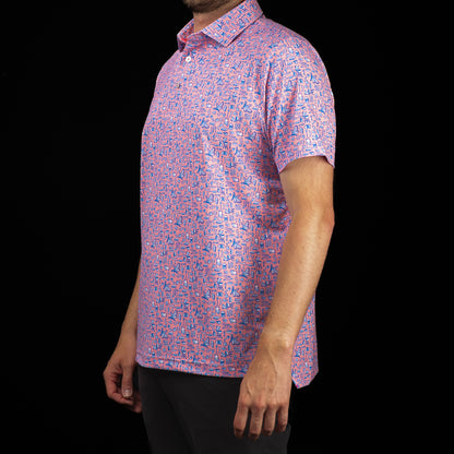 Side profile of SWAG Golf Backyard BBQ Classic Polo showcasing the custom barbecue-inspired print and modern athletic fit