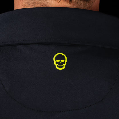 SWAG Golf Black Skull Classic Polo back collar detail featuring signature neon skull logo on black performance fabric