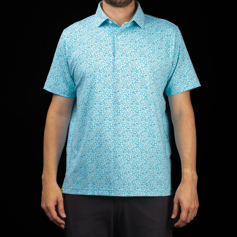 SWAG Golf Gone Fishing Classic Polo featuring an all-over fishing-inspired print in vibrant blue performance fabric