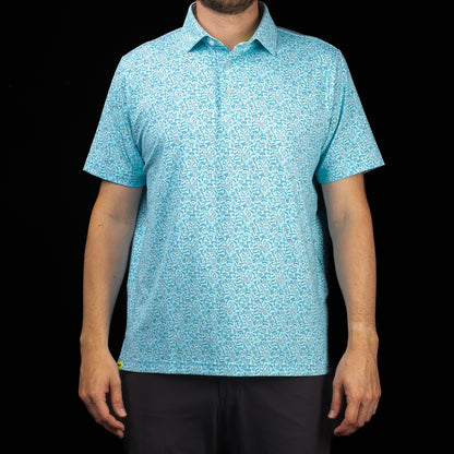 SWAG Golf Gone Fishing Classic Polo featuring an all-over fishing-inspired print in vibrant blue performance fabric