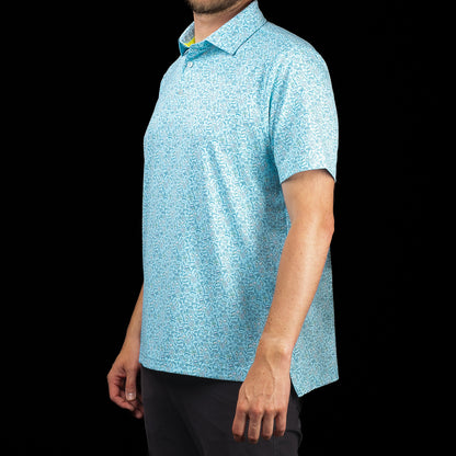 Side profile of SWAG Golf Gone Fishing Classic Polo showcasing the custom fishing-themed pattern and modern athletic fit