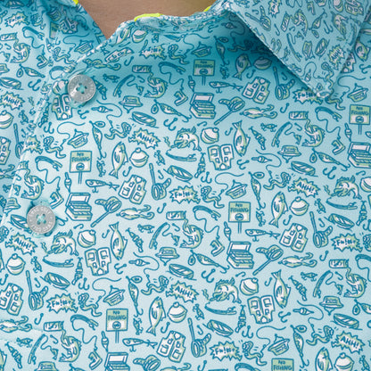 Close-up of SWAG Golf Gone Fishing Classic Polo highlighting the all-over print featuring fish, tackle, hooks, boats, and fishing graphics